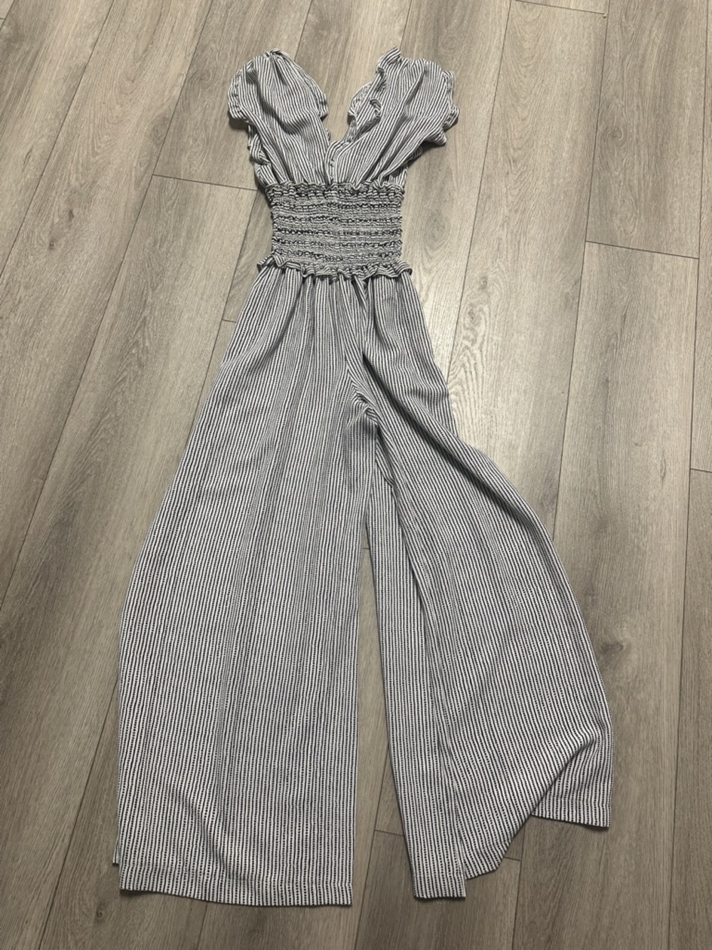Max Studio Black & White Striped Smocked-Waist Jumpsuit